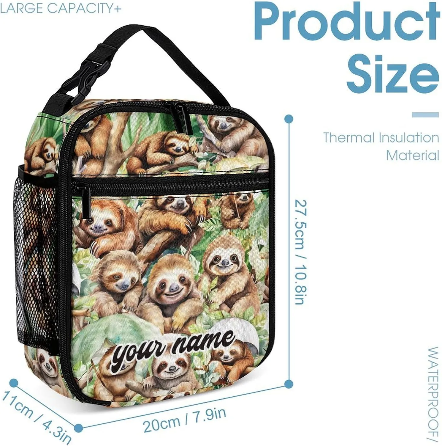 Custom Sloth Backpack with Lunch Box & Pencil Case, 16 Inch Cute Sloth Bookbag, Adjustable Lightweight Large Capacity, Colorful Backpack Set for Kids Girls Boys School