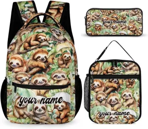 Custom Sloth Backpack with Lunch Box & Pencil Case, 16 Inch Cute Sloth Bookbag, Adjustable Lightweight Large Capacity, Colorful Backpack Set for Kids Girls Boys School
