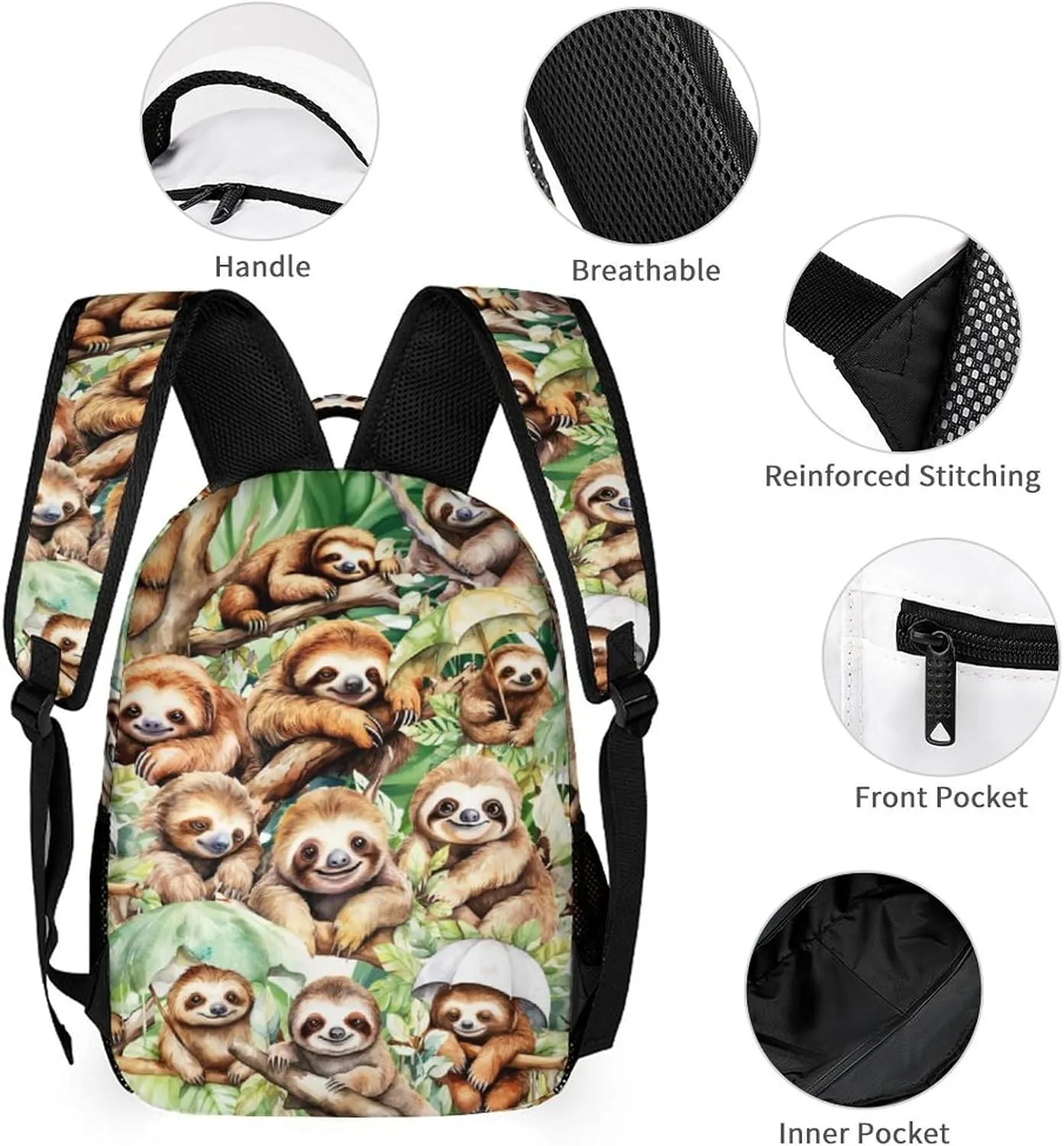 Custom Sloth Backpack with Lunch Box & Pencil Case, 16 Inch Cute Sloth Bookbag, Adjustable Lightweight Large Capacity, Colorful Backpack Set for Kids Girls Boys School