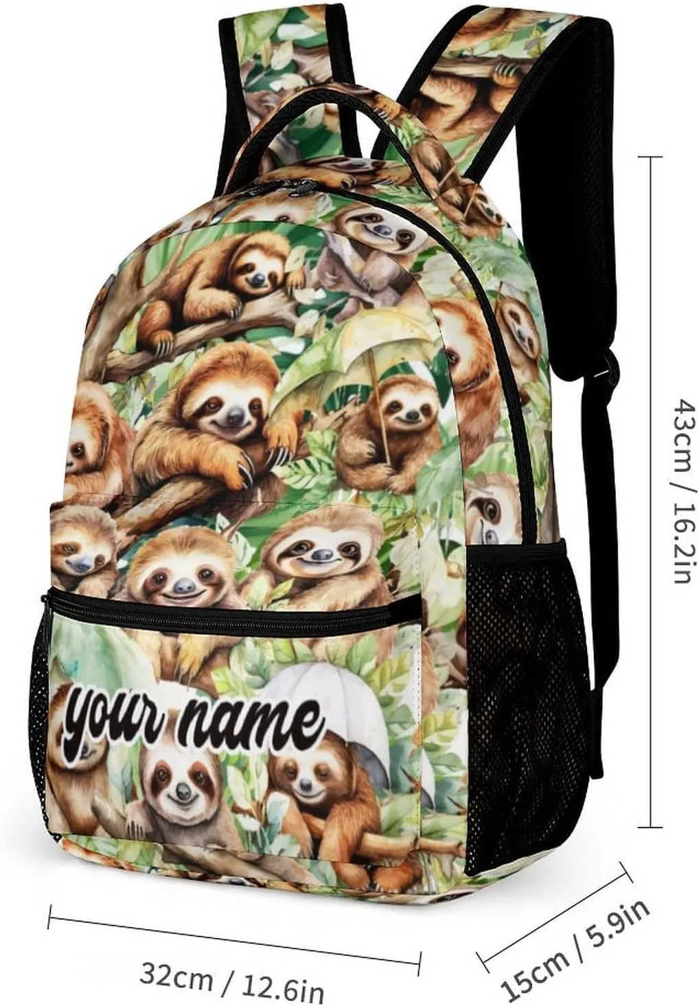 Custom Sloth Backpack with Lunch Box & Pencil Case, 16 Inch Cute Sloth Bookbag, Adjustable Lightweight Large Capacity, Colorful Backpack Set for Kids Girls Boys School