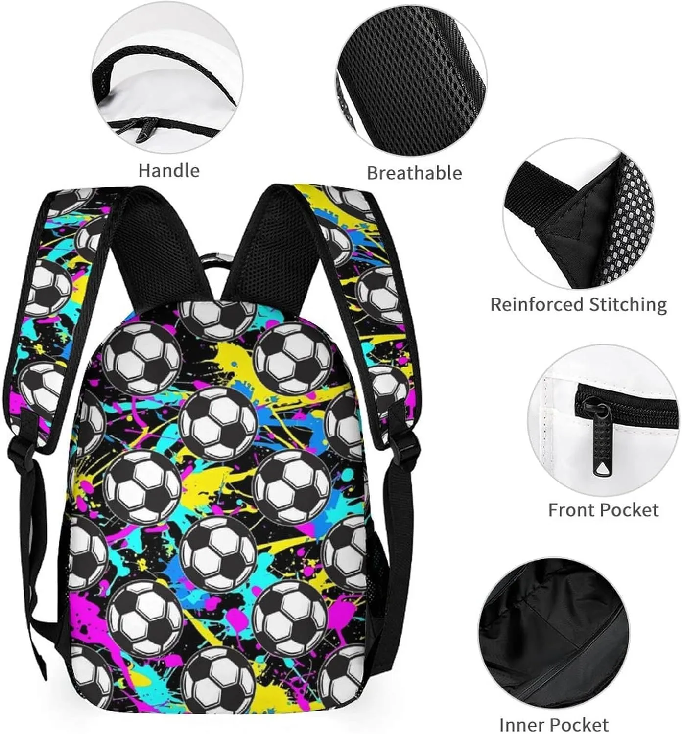 Custom Soccer Backpack for Kids Girls Boys School, 16 Inches Cool Soccer Theme Bookbag, Adjustable, Lightweight, Large Capacity, Colorful Soccer Backpack for School
