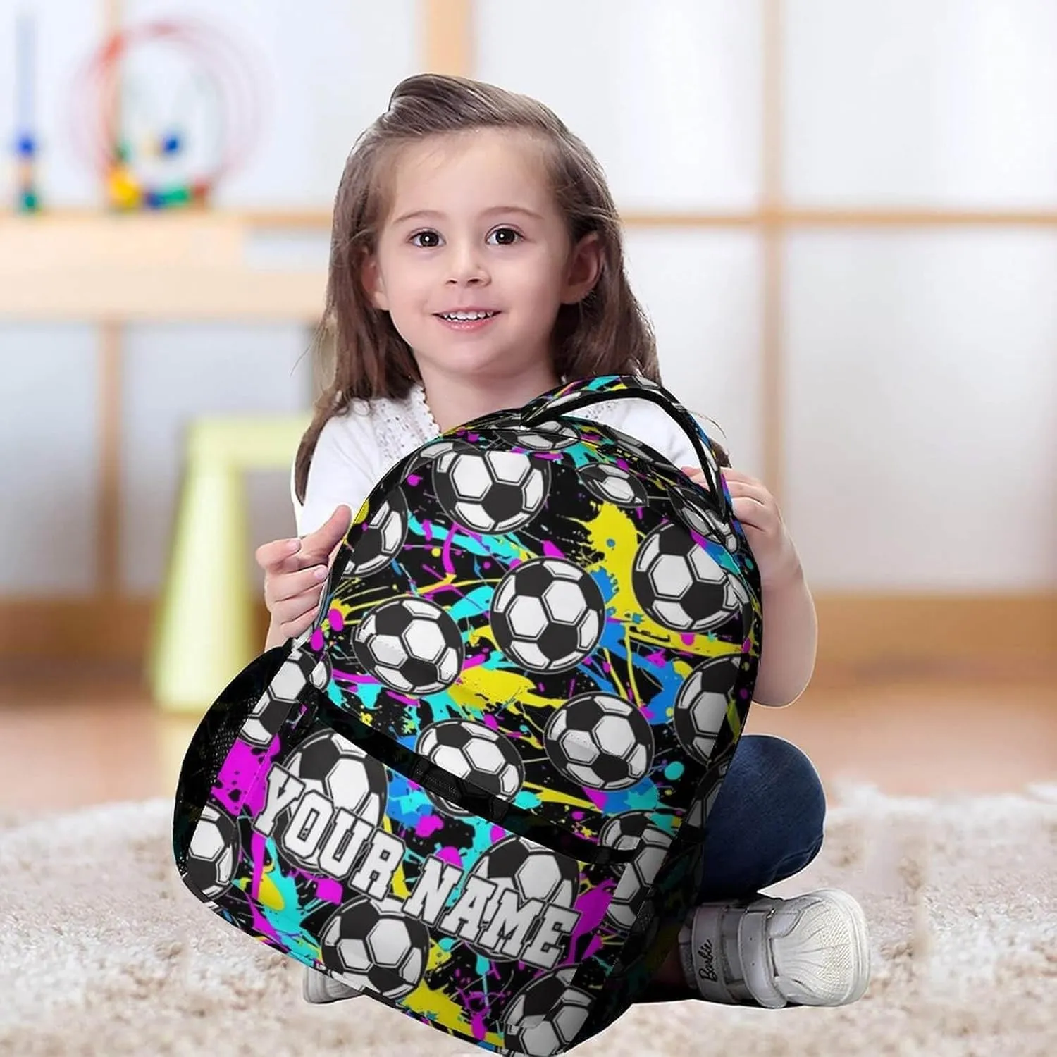 Custom Soccer Backpack for Kids Girls Boys School, 16 Inches Cool Soccer Theme Bookbag, Adjustable, Lightweight, Large Capacity, Colorful Soccer Backpack for School