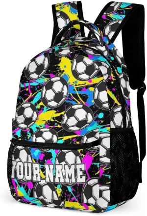 Custom Soccer Backpack for Kids Girls Boys School, 16 Inches Cool Soccer Theme Bookbag, Adjustable, Lightweight, Large Capacity, Colorful Soccer Backpack for School