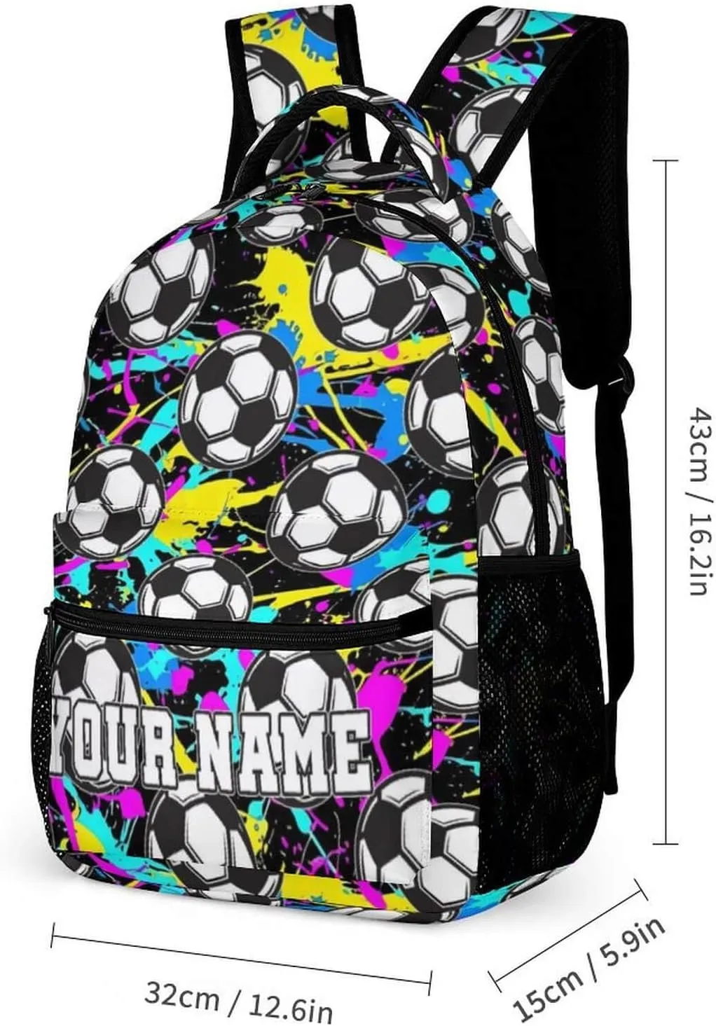 Custom Soccer Backpack for Kids Girls Boys School, 16 Inches Cool Soccer Theme Bookbag, Adjustable, Lightweight, Large Capacity, Colorful Soccer Backpack for School