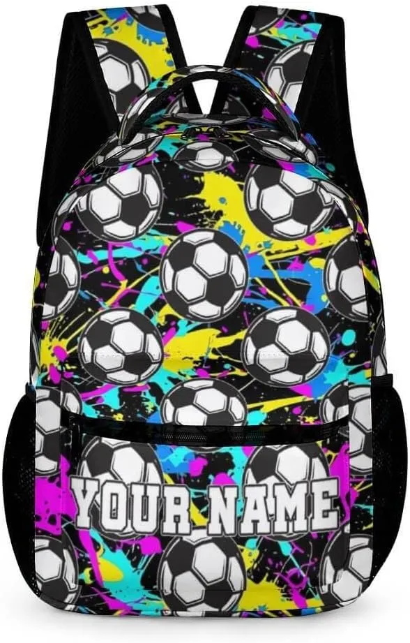 Custom Soccer Backpack for Kids Girls Boys School, 16 Inches Cool Soccer Theme Bookbag, Adjustable, Lightweight, Large Capacity, Colorful Soccer Backpack for School