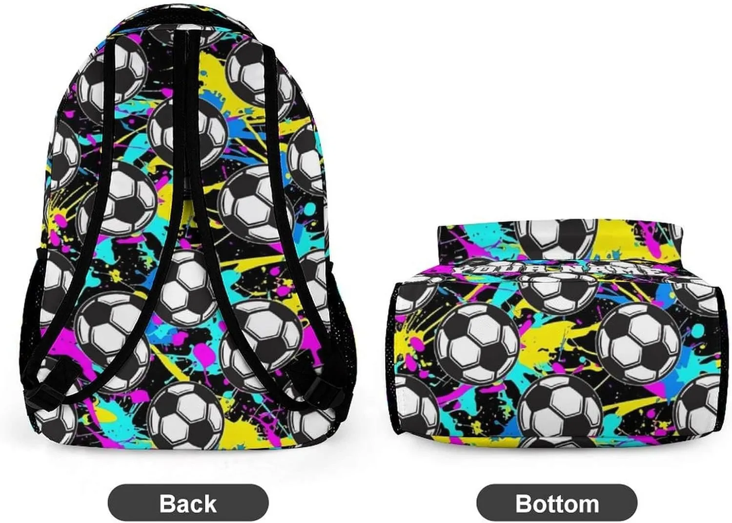 Custom Soccer Backpack for Kids Girls Boys School, 16 Inches Cool Soccer Theme Bookbag, Adjustable, Lightweight, Large Capacity, Colorful Soccer Backpack for School