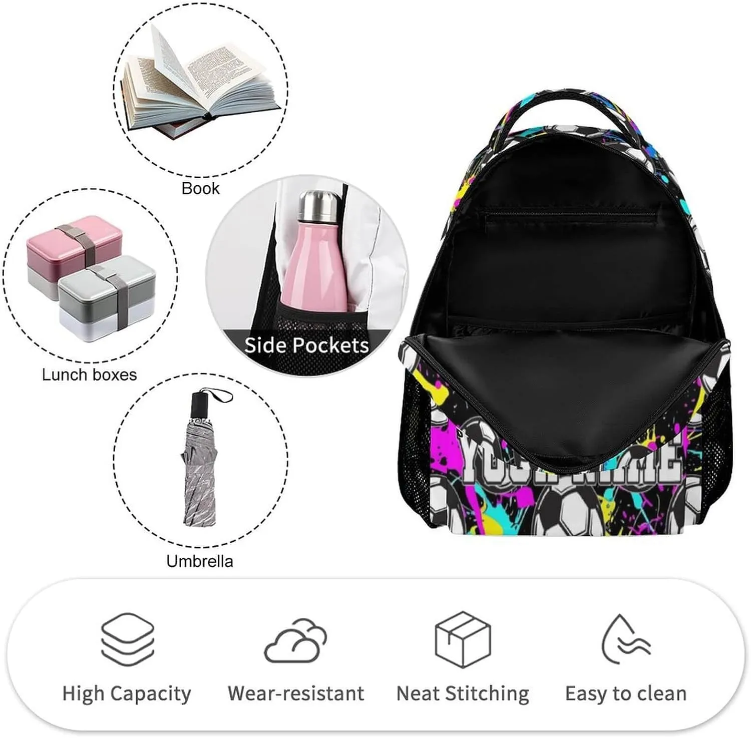 Custom Soccer Backpack for Kids Girls Boys School, 16 Inches Cool Soccer Theme Bookbag, Adjustable, Lightweight, Large Capacity, Colorful Soccer Backpack for School