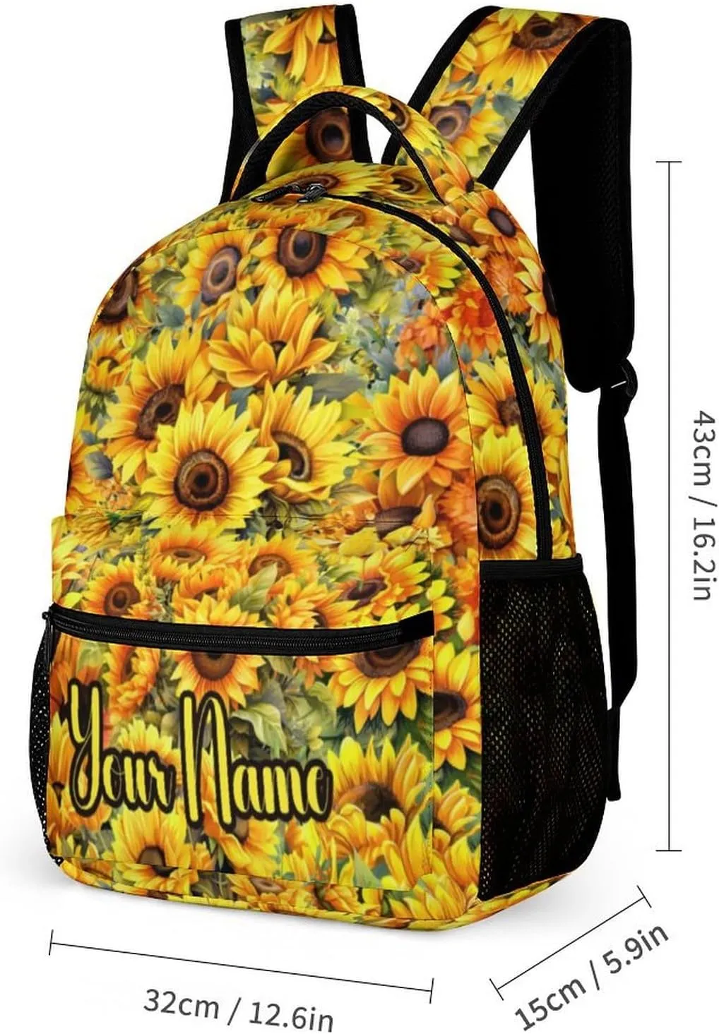 Custom Sunflower School Backpack for Kids Girls Boys, 16 Inch Cute Sunflowers Themed Bookbag, Personalized School Backpack for Students Children, Lightweight, Large Capacity