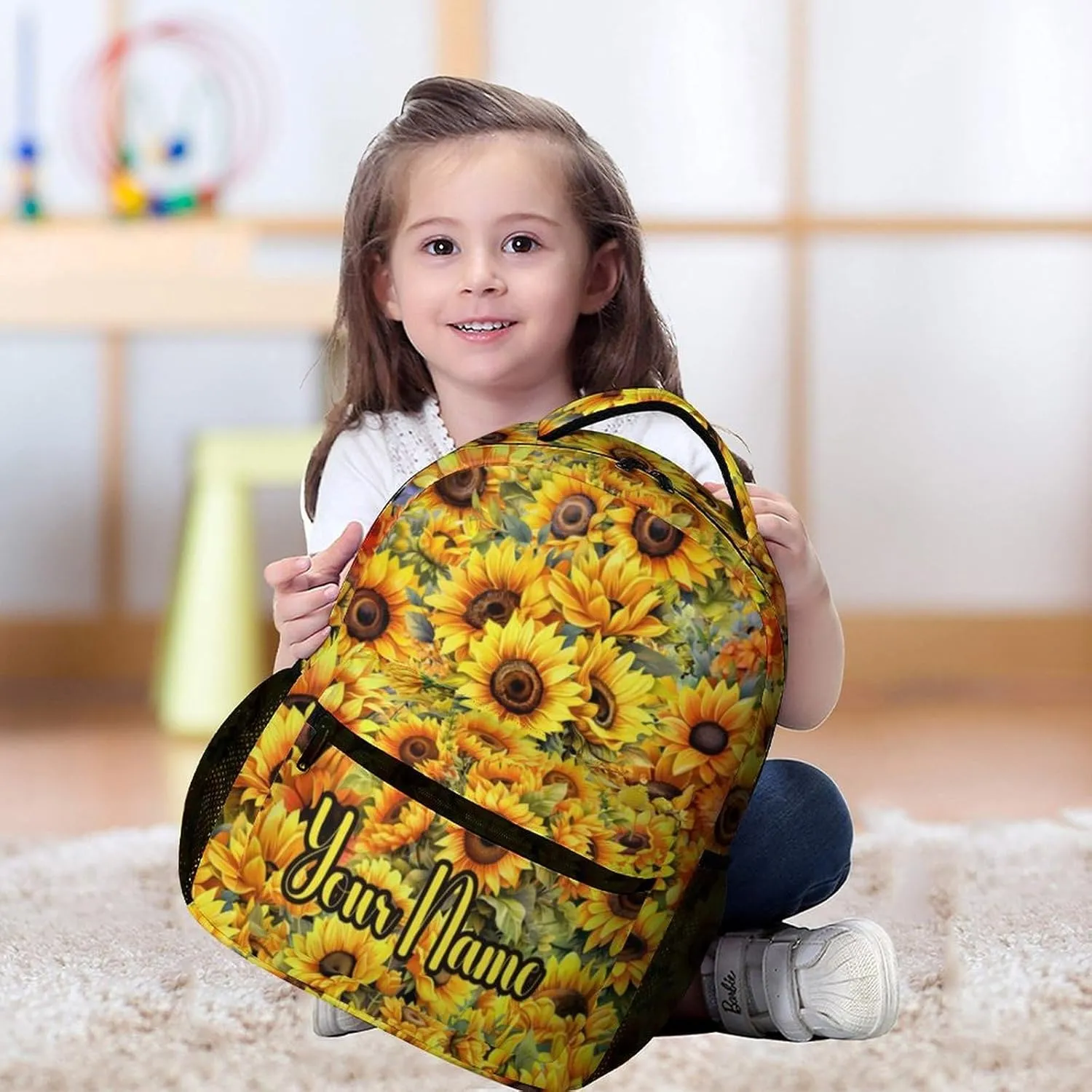 Custom Sunflower School Backpack for Kids Girls Boys, 16 Inch Cute Sunflowers Themed Bookbag, Personalized School Backpack for Students Children, Lightweight, Large Capacity