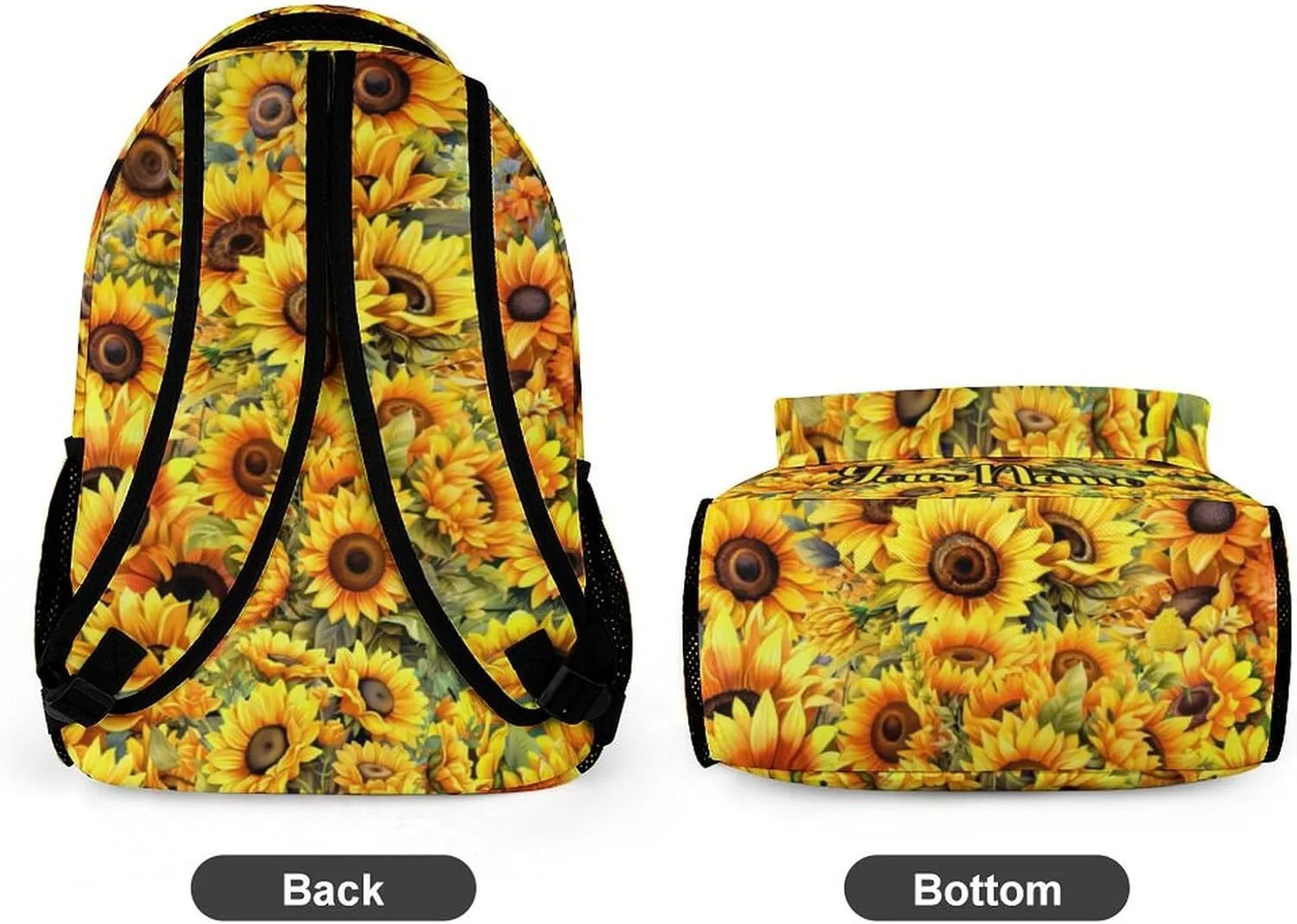 Custom Sunflower School Backpack for Kids Girls Boys, 16 Inch Cute Sunflowers Themed Bookbag, Personalized School Backpack for Students Children, Lightweight, Large Capacity