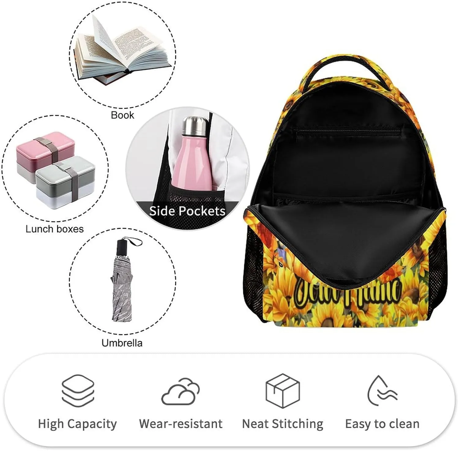 Custom Sunflower School Backpack for Kids Girls Boys, 16 Inch Cute Sunflowers Themed Bookbag, Personalized School Backpack for Students Children, Lightweight, Large Capacity