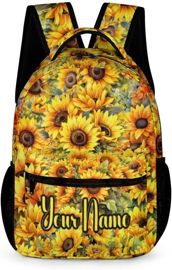 Custom Sunflower School Backpack for Kids Girls Boys, 16 Inch Cute Sunflowers Themed Bookbag, Personalized School Backpack for Students Children, Lightweight, Large Capacity