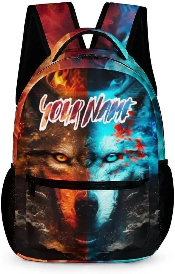 Custom Wolf School Backpack for Kids Girls Boys, 16 Inch Cute Wolf Themed Bookbag, Personalized School Backpack for Students Children, Lightweight, Large Capacity