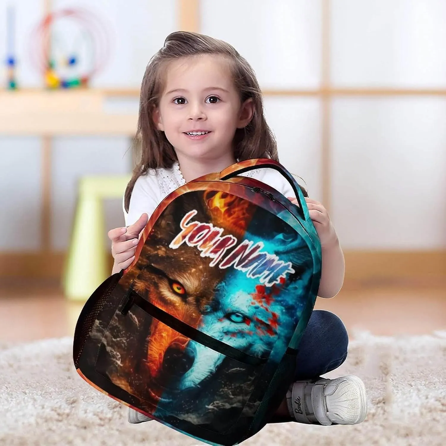Custom Wolf School Backpack for Kids Girls Boys, 16 Inch Cute Wolf Themed Bookbag, Personalized School Backpack for Students Children, Lightweight, Large Capacity