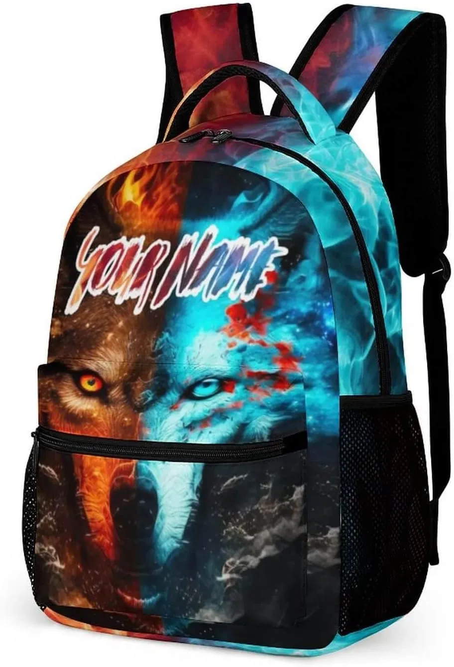 Custom Wolf School Backpack for Kids Girls Boys, 16 Inch Cute Wolf Themed Bookbag, Personalized School Backpack for Students Children, Lightweight, Large Capacity