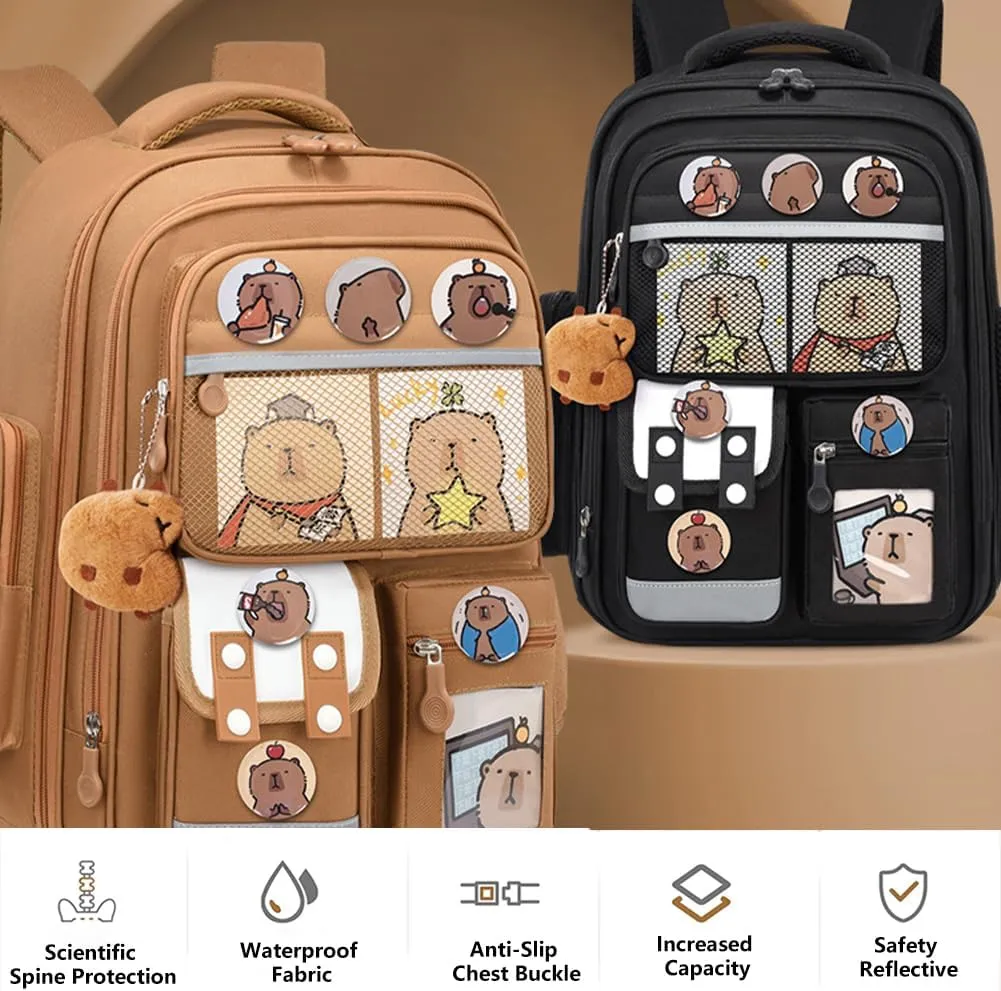 Cute Capybara Backpack with Chic Case, Cartoon Large Capacity Backpack, Durable Casual Bag, Suitable for Junior High Students (Blue, Small)