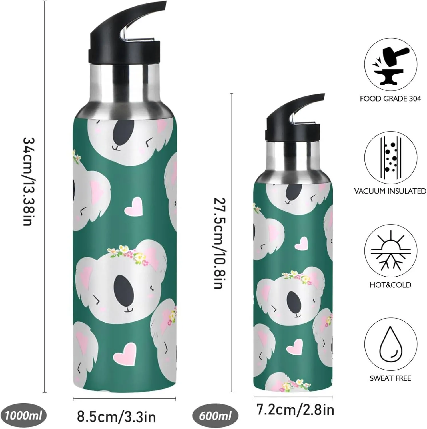 Cute Koala Sports Water Bottle with Straw, 22oz BPA Free Stainless Steel Vacuum Insulated Bottle for Gym Fitness Outdoor