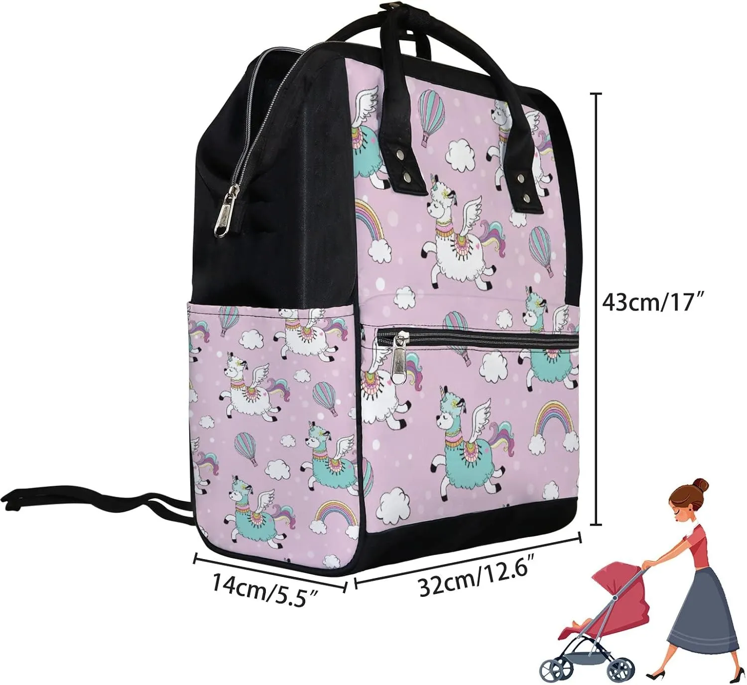 Cute Llama Unicorn Rainbow Diaper Bag Backpack Waterproof Backpack Baby Nappy Changing Bag for Travel Large Capacity Durable and Stylish for Woman