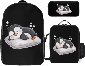 Cute Penguin Sleeping 3Pcs Backpack Set Cute Laptop Backpack Travel Daypack with Lunch Bag Pencil Case