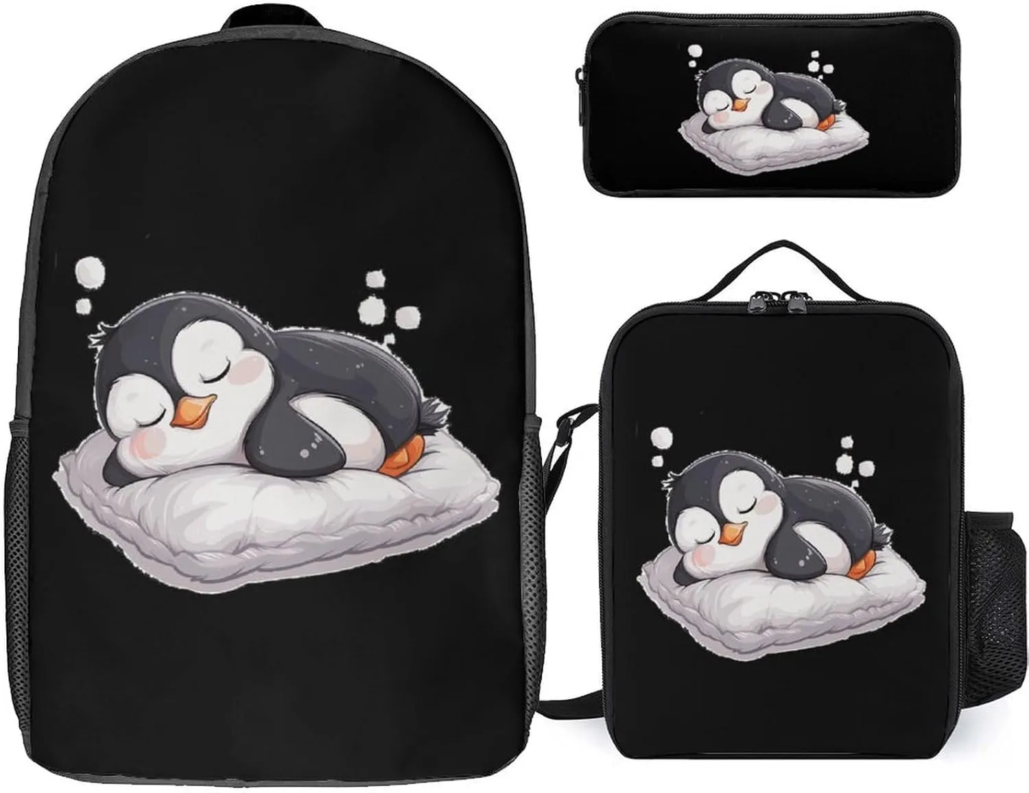 Cute Penguin Sleeping 3Pcs Backpack Set Cute Laptop Backpack Travel Daypack with Lunch Bag Pencil Case