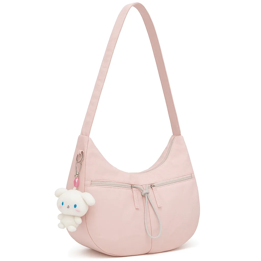 Cute Pink Nylon Shoulder Bag for Women Normal Capacity Casual Hobo Bag Double Zippers