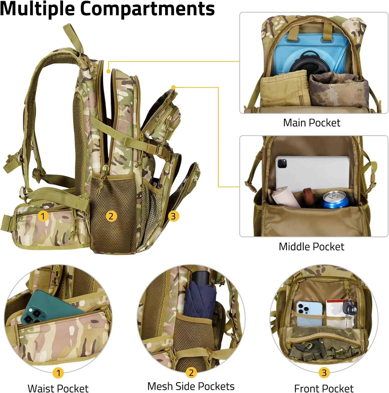 CVLIFE Tactical Hydration Pack 3L - Lightweight Water Bag With Bladder for Men Women, Heavy Duty Molle Backpack for Hiking, Cycling, Running, Hunting