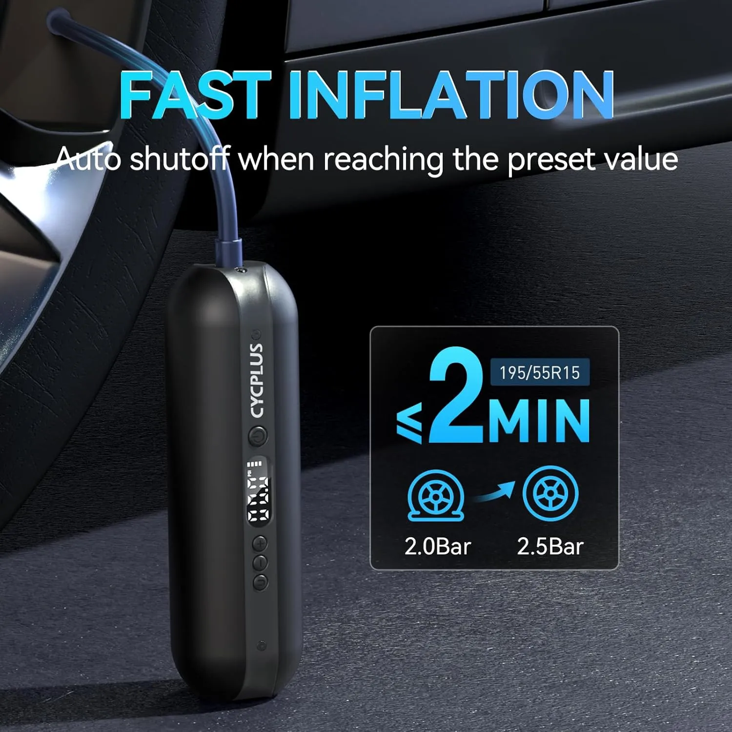 CYCPLUS Electric Air Compressor Portable Bicycle Pump Car Tire Inflator, Max 150 PSI, Auto Shut-Off Air Pump with Presta and Schrader Valves for All Bicycles Motorcycles and Cars