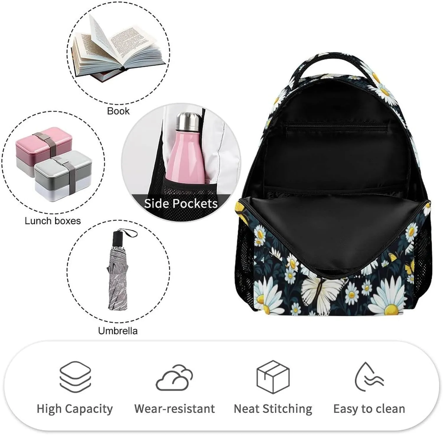 Daisy School Backpack for Kids Girls Boys, 16 Inch Cute daisies Themed Bookbag, Personalized School Backpack for Students Children, Lightweight, Large Capacity