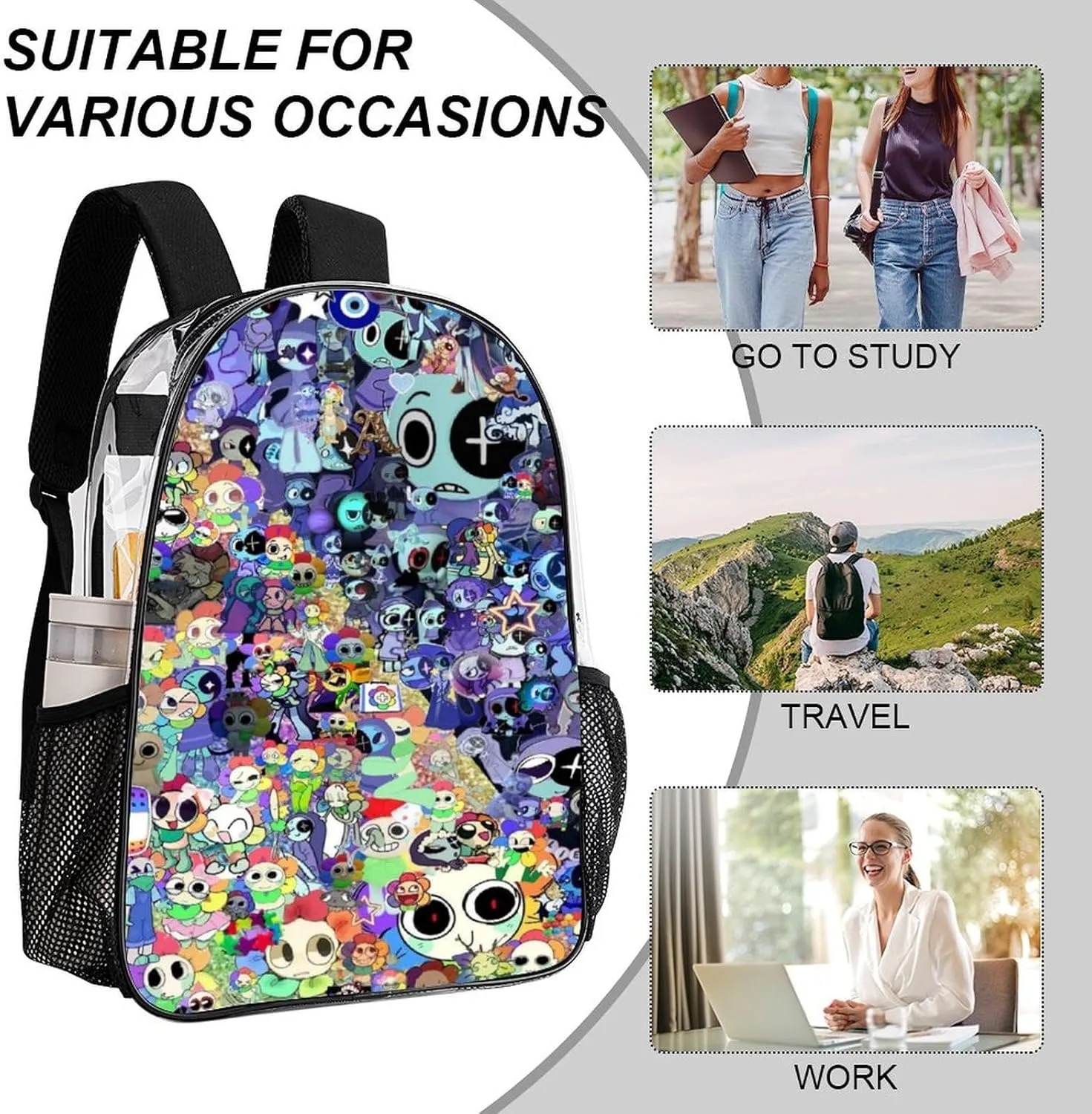 Dandys World Transparent Backpack Cute Large Capacity Laptop Backpack Travel Backpack For Unisex 17in