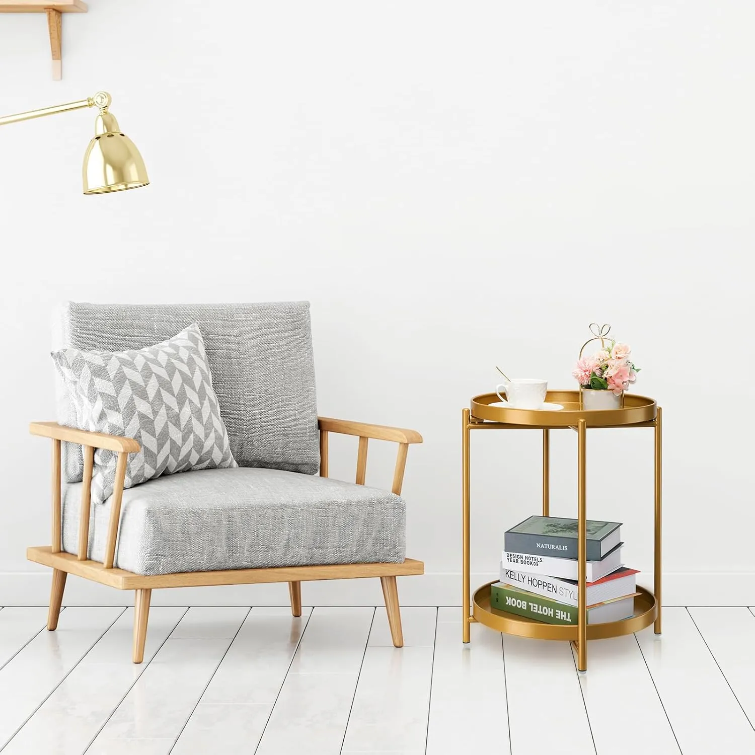 danpinera 2-Tier End Table, Outdoor Side Table Metal Round Side Table with Removable Tray, Small Folding Accent Table, Anti-Rust Nightstand for Bedroom Balcony Patio Living Room (Gold)