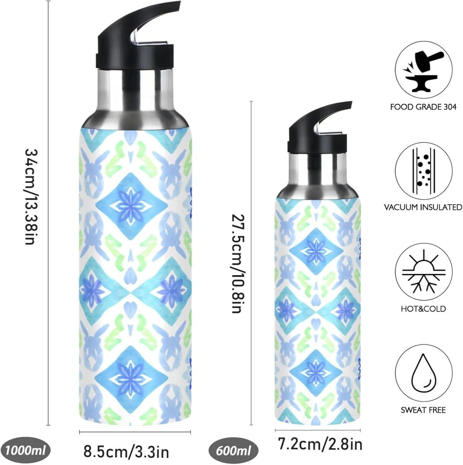 Delicate Patterns Sports Water Bottle with Straw, 22oz BPA Free Stainless Steel Vacuum Insulated Bottle for Gym Fitness Outdoor