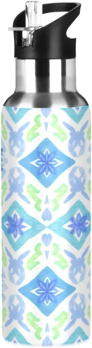 Delicate Patterns Sports Water Bottle with Straw, 22oz BPA Free Stainless Steel Vacuum Insulated Bottle for Gym Fitness Outdoor