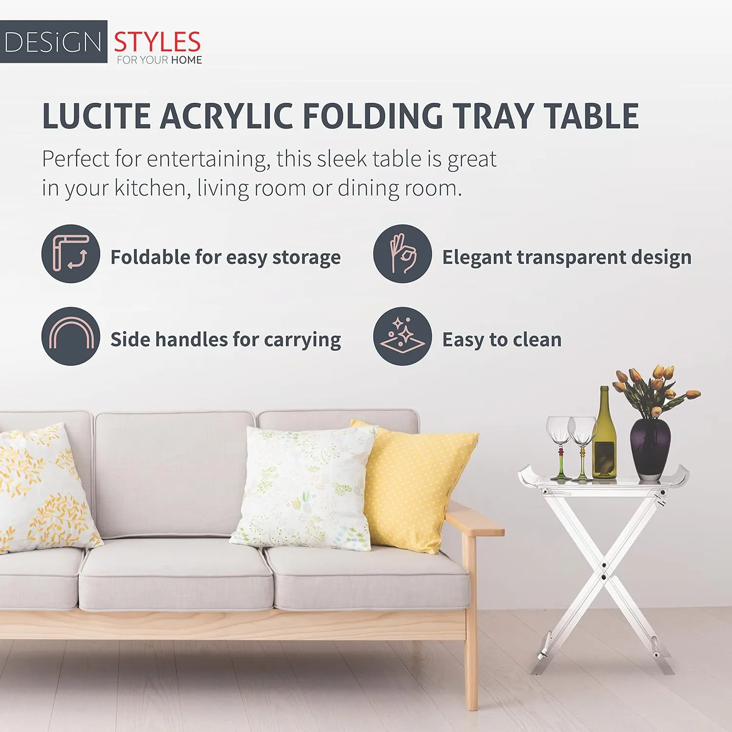 Designstyles Acrylic Folding Tray Table – Modern Chic Accent Desk - Kitchen and Bar Serving Table - Elegant Clear Design (Curved Top)