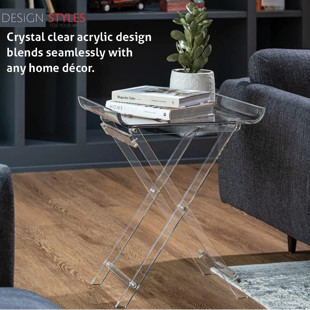 Designstyles Acrylic Folding Tray Table – Modern Chic Accent Desk - Kitchen and Bar Serving Table - Elegant Clear Design (Curved Top)