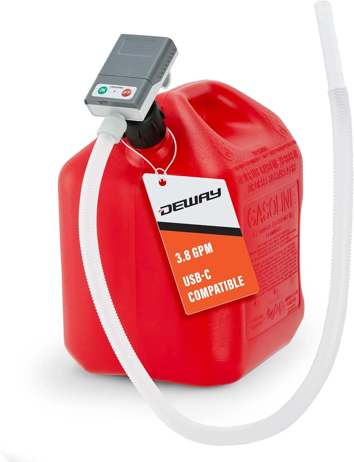 DeWay Gas Can Fuel Transfer Pump | Ultra Fast 3.8 GPM Flow Rate, Long 51” Hose, Storage Bag & 3 Can Adapters for Gasoline, Kerosene, Diesel & Non-Potable Water | USB-C Cable or Battery Power