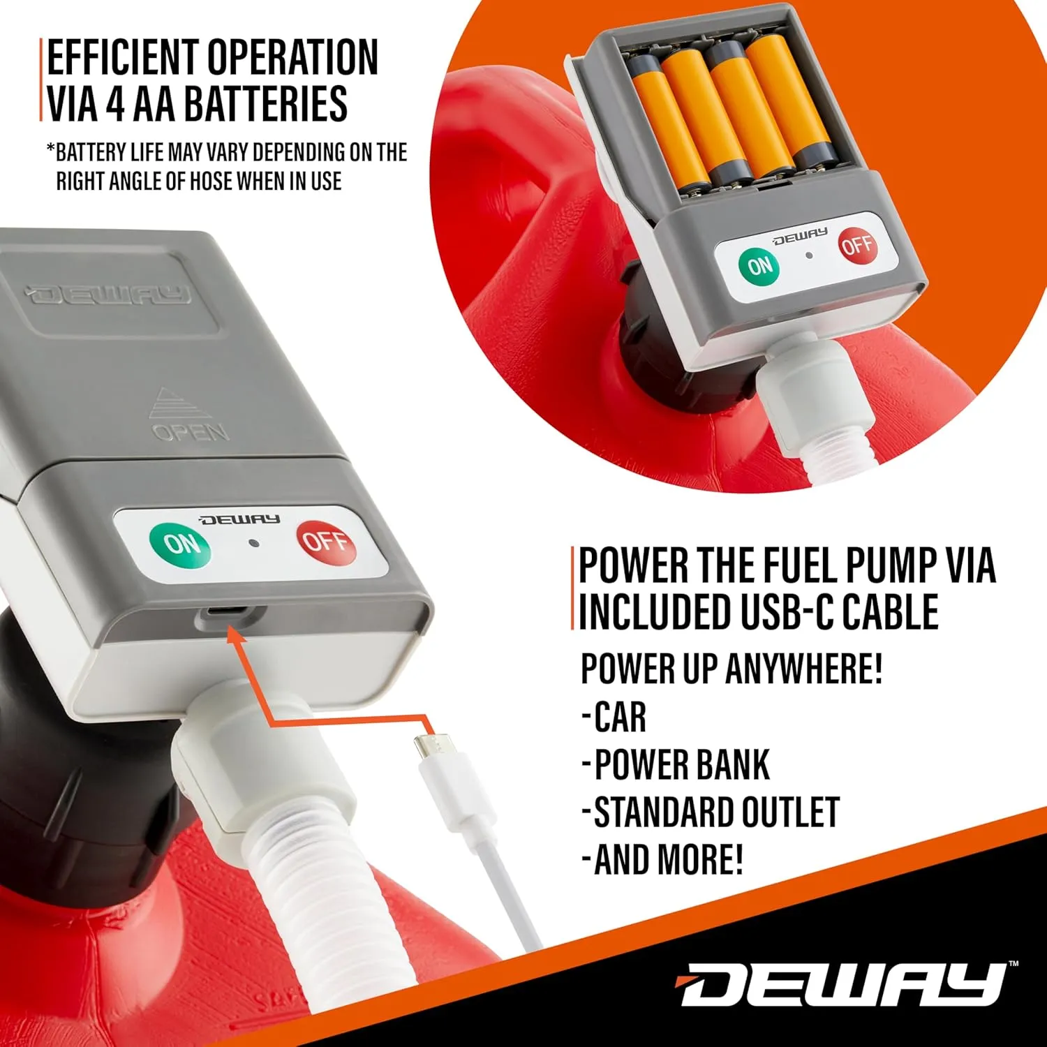 DeWay Gas Can Fuel Transfer Pump | Ultra Fast 3.8 GPM Flow Rate, Long 51” Hose, Storage Bag & 3 Can Adapters for Gasoline, Kerosene, Diesel & Non-Potable Water | USB-C Cable or Battery Power