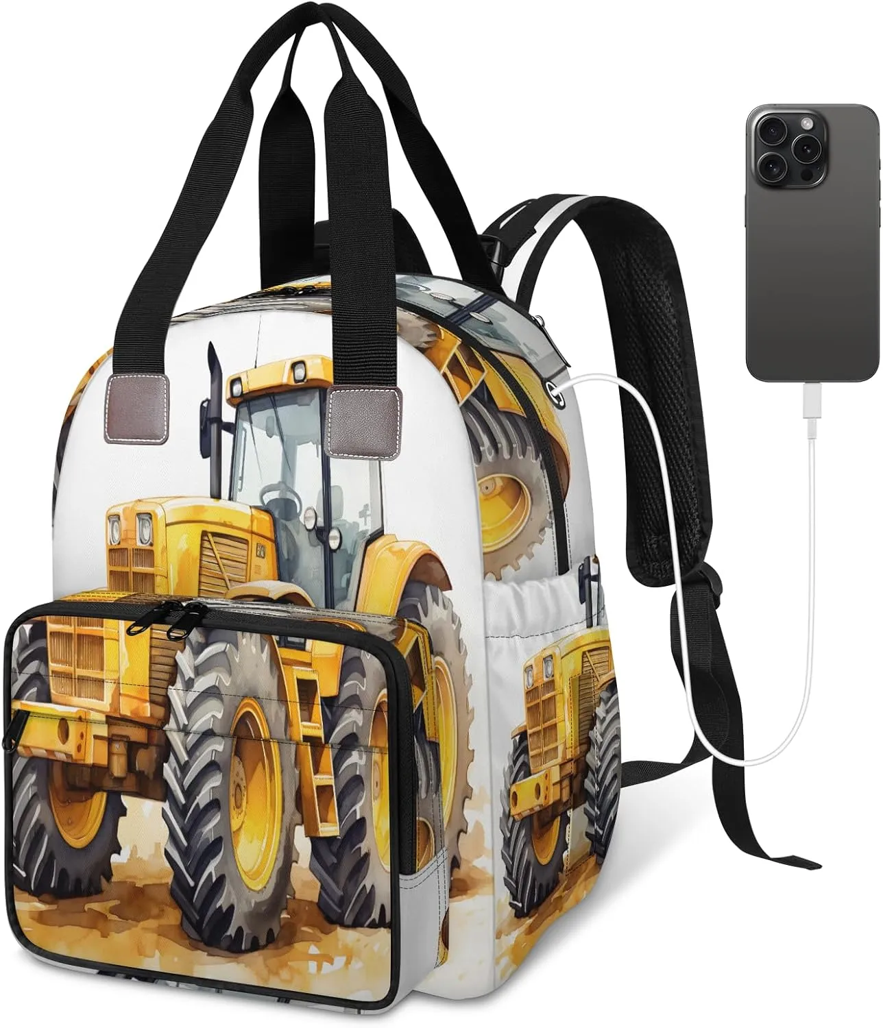 Diaper Bag Backpack Large Capacity, Construction Vehicles Painting Nappy Hand Shoulder Bag Mummy Travel Nursing Bags Baby Shower Gifts, with Insulated Pockets and USB Charging Port