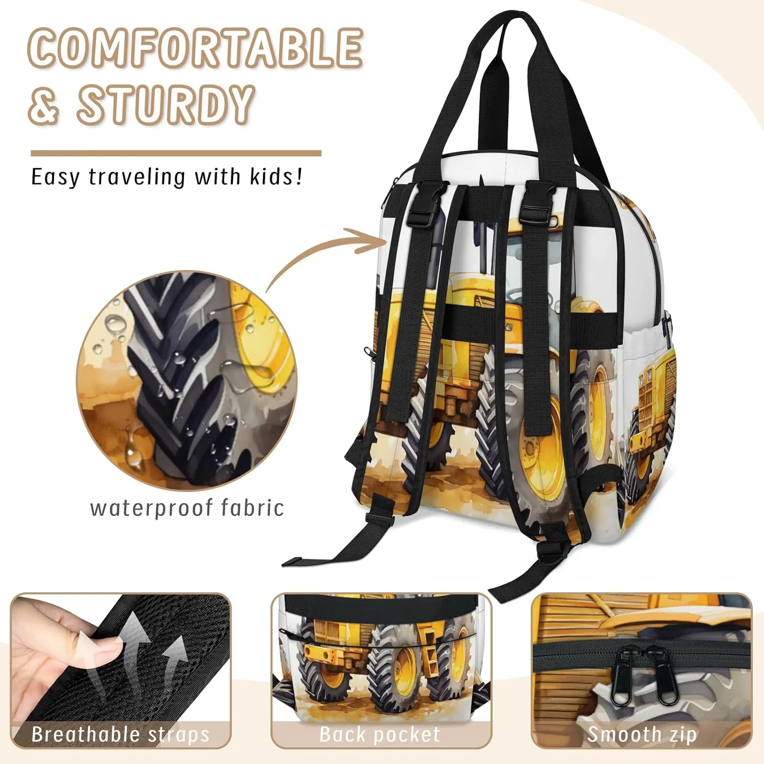 Diaper Bag Backpack Large Capacity, Construction Vehicles Painting Nappy Hand Shoulder Bag Mummy Travel Nursing Bags Baby Shower Gifts, with Insulated Pockets and USB Charging Port