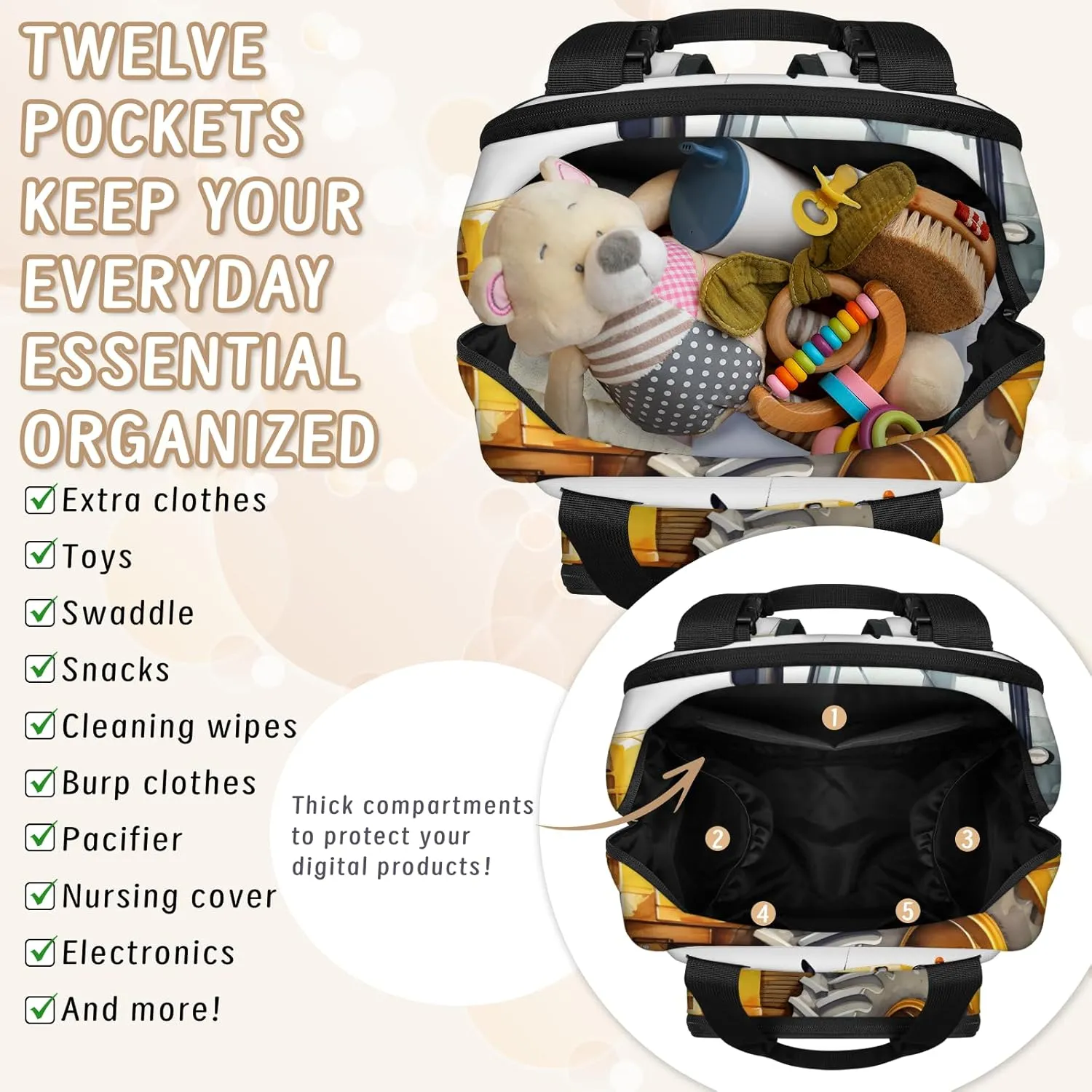 Diaper Bag Backpack Large Capacity, Construction Vehicles Painting Nappy Hand Shoulder Bag Mummy Travel Nursing Bags Baby Shower Gifts, with Insulated Pockets and USB Charging Port