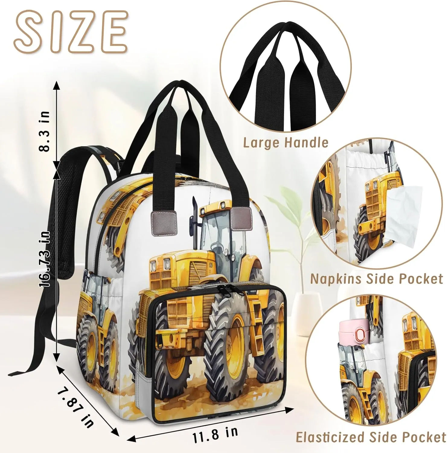 Diaper Bag Backpack Large Capacity, Construction Vehicles Painting Nappy Hand Shoulder Bag Mummy Travel Nursing Bags Baby Shower Gifts, with Insulated Pockets and USB Charging Port