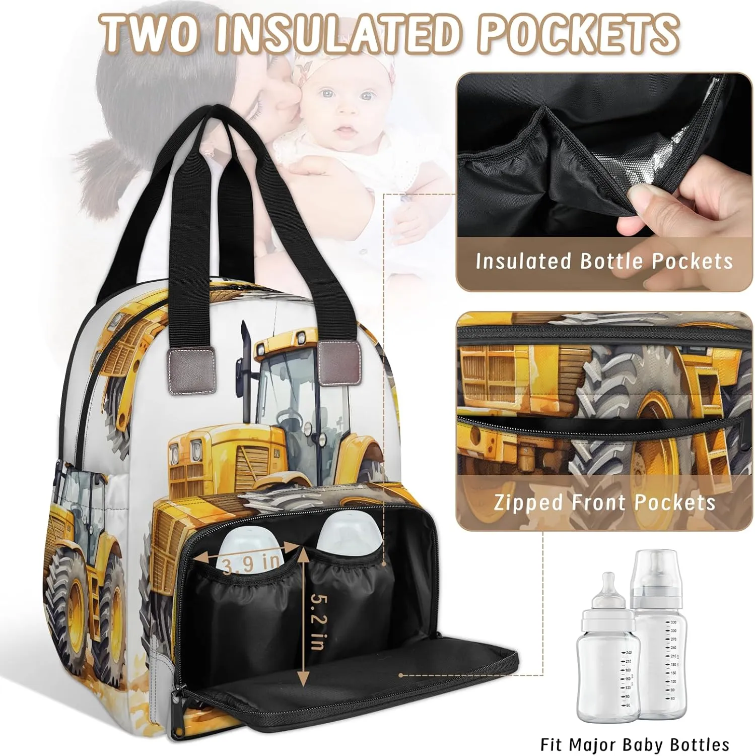 Diaper Bag Backpack Large Capacity, Construction Vehicles Painting Nappy Hand Shoulder Bag Mummy Travel Nursing Bags Baby Shower Gifts, with Insulated Pockets and USB Charging Port