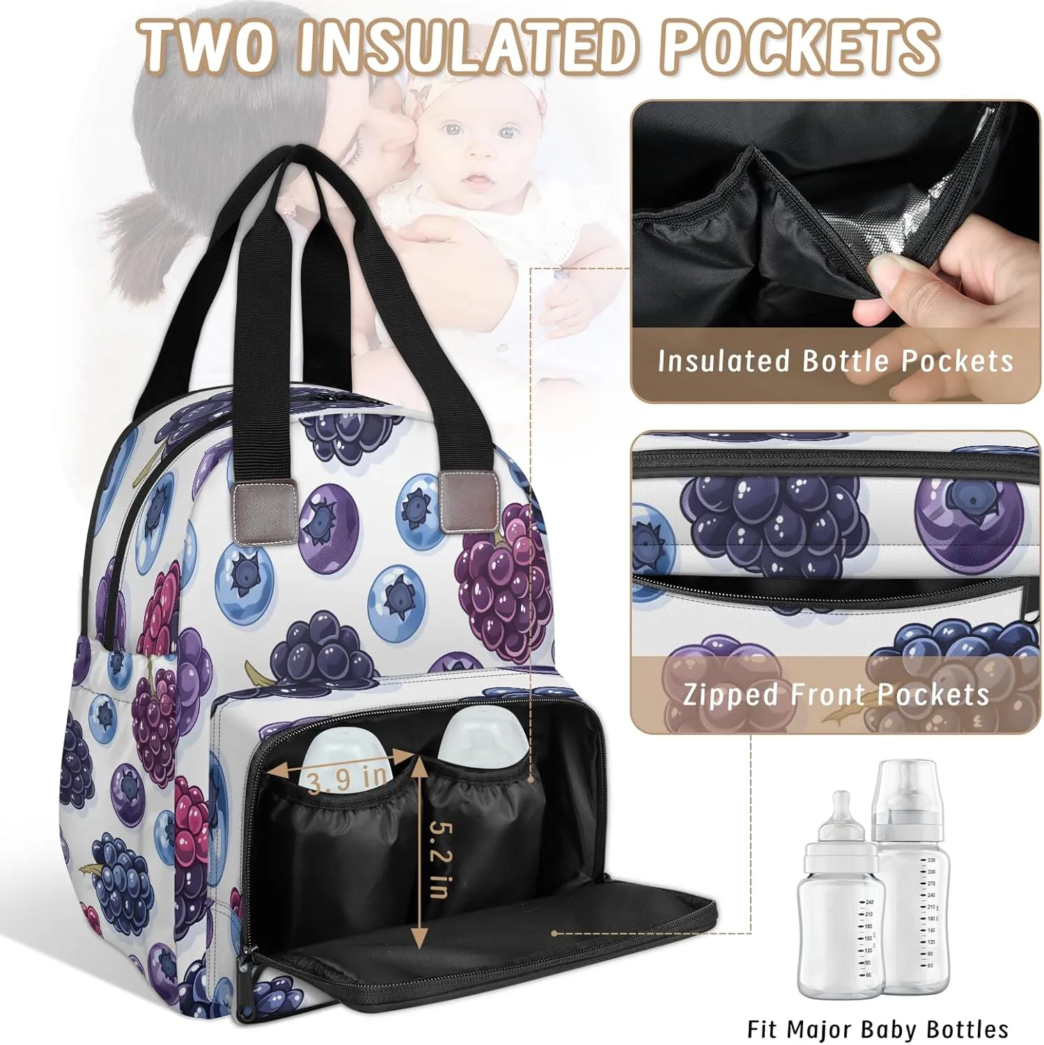 Diaper Bag Backpack Large Capacity, Fruits Grape and Blueberries Nappy Hand Shoulder Bag Mummy Travel Nursing Bags Baby Shower Gifts, with Insulated Pockets and USB Charging Port