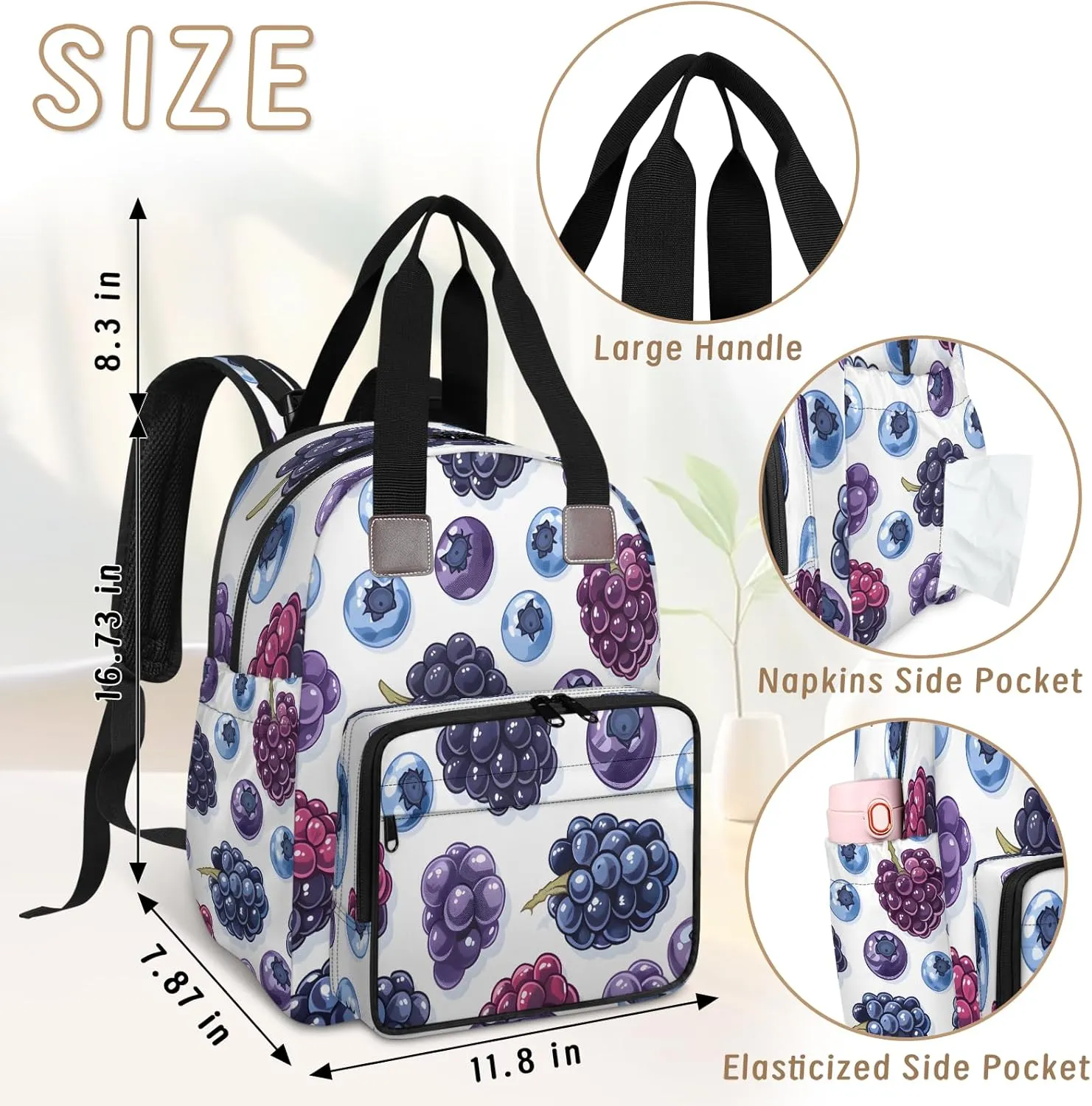 Diaper Bag Backpack Large Capacity, Fruits Grape and Blueberries Nappy Hand Shoulder Bag Mummy Travel Nursing Bags Baby Shower Gifts, with Insulated Pockets and USB Charging Port