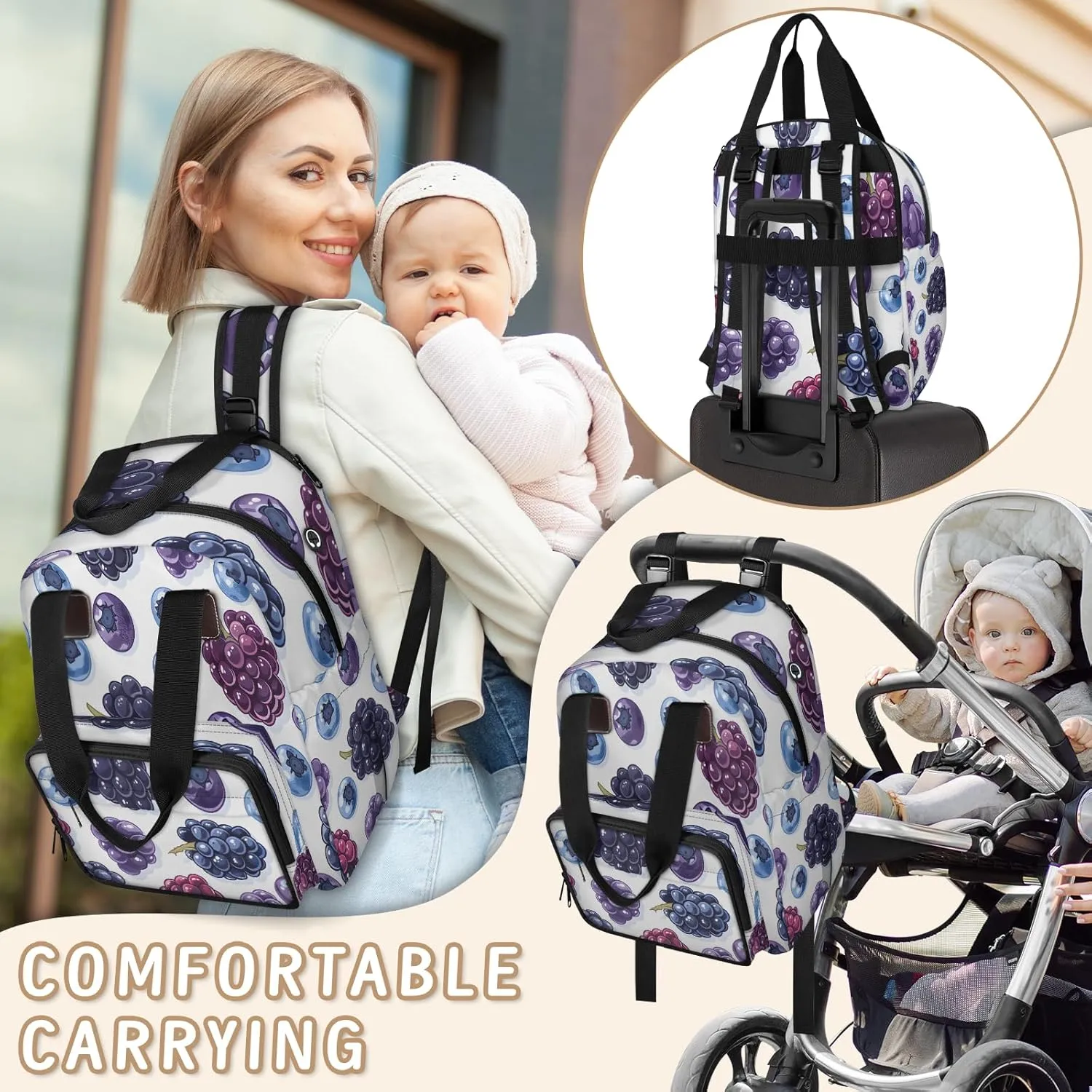 Diaper Bag Backpack Large Capacity, Fruits Grape and Blueberries Nappy Hand Shoulder Bag Mummy Travel Nursing Bags Baby Shower Gifts, with Insulated Pockets and USB Charging Port