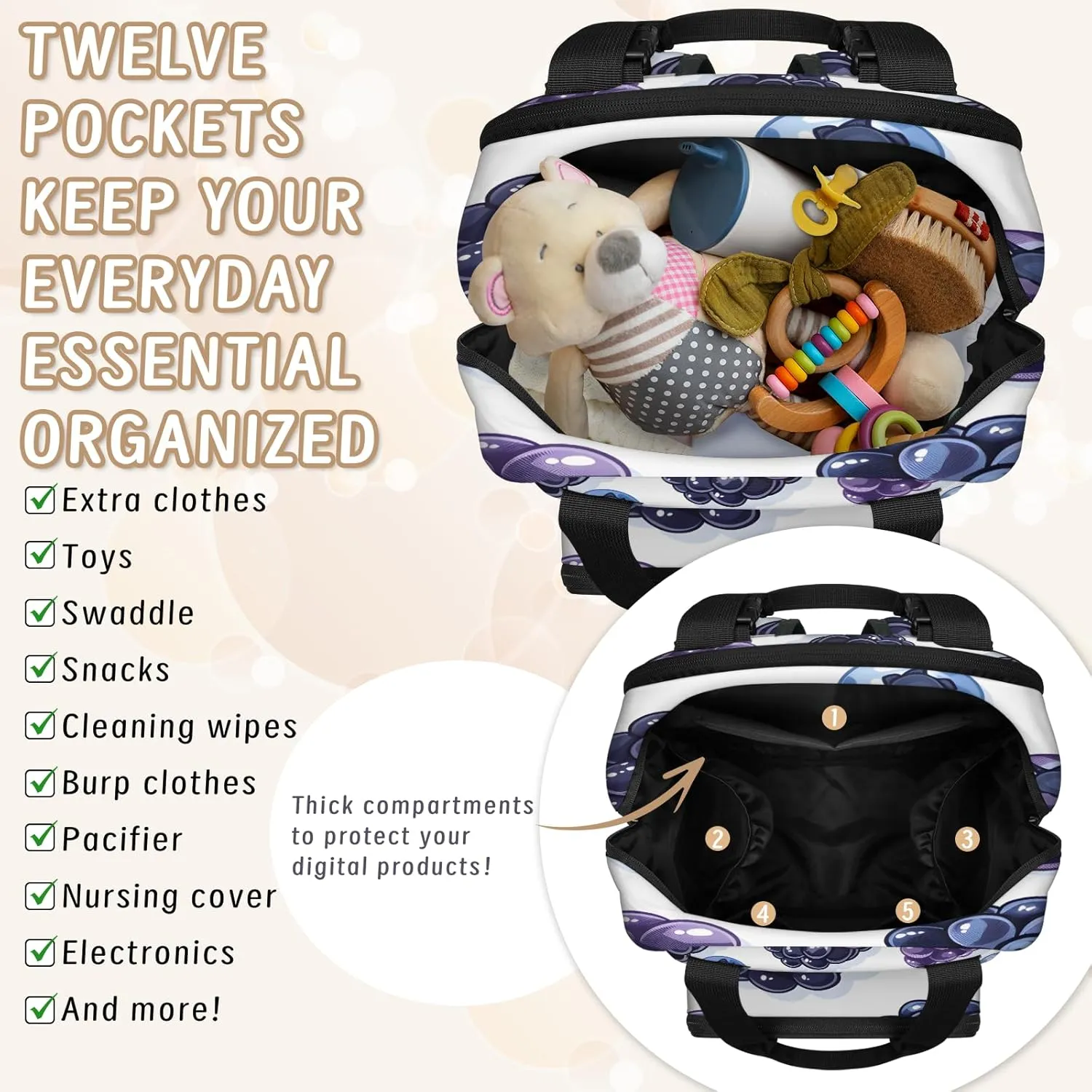 Diaper Bag Backpack Large Capacity, Fruits Grape and Blueberries Nappy Hand Shoulder Bag Mummy Travel Nursing Bags Baby Shower Gifts, with Insulated Pockets and USB Charging Port