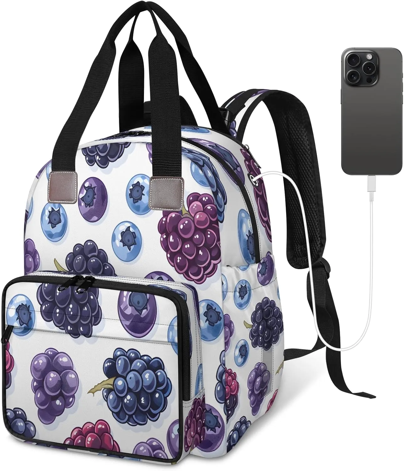 Diaper Bag Backpack Large Capacity, Fruits Grape and Blueberries Nappy Hand Shoulder Bag Mummy Travel Nursing Bags Baby Shower Gifts, with Insulated Pockets and USB Charging Port