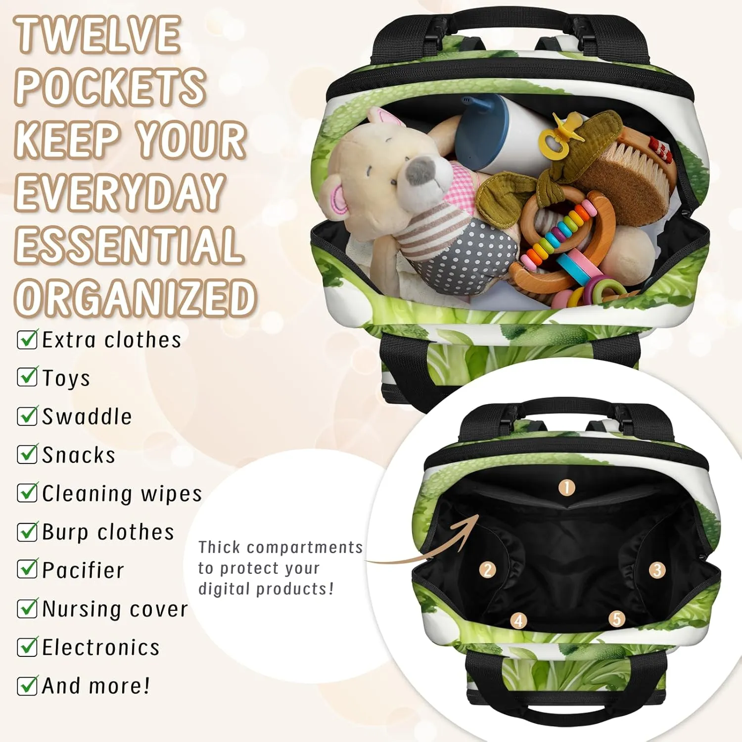 Diaper Bag Backpack Large Capacity, Vegetable Broccoli Food Nappy Hand Shoulder Bag Mummy Travel Nursing Bags Baby Shower Gifts, with Insulated Pockets and USB Charging Port