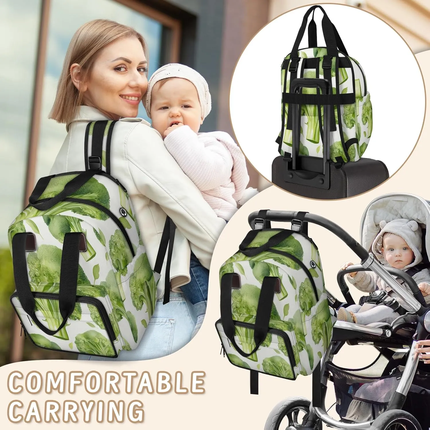 Diaper Bag Backpack Large Capacity, Vegetable Broccoli Food Nappy Hand Shoulder Bag Mummy Travel Nursing Bags Baby Shower Gifts, with Insulated Pockets and USB Charging Port