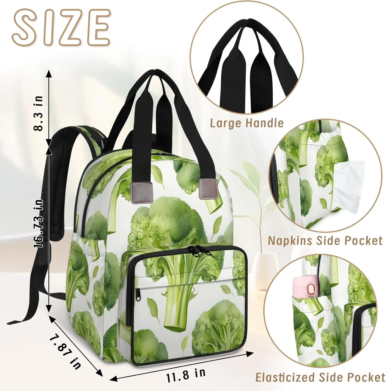 Diaper Bag Backpack Large Capacity, Vegetable Broccoli Food Nappy Hand Shoulder Bag Mummy Travel Nursing Bags Baby Shower Gifts, with Insulated Pockets and USB Charging Port