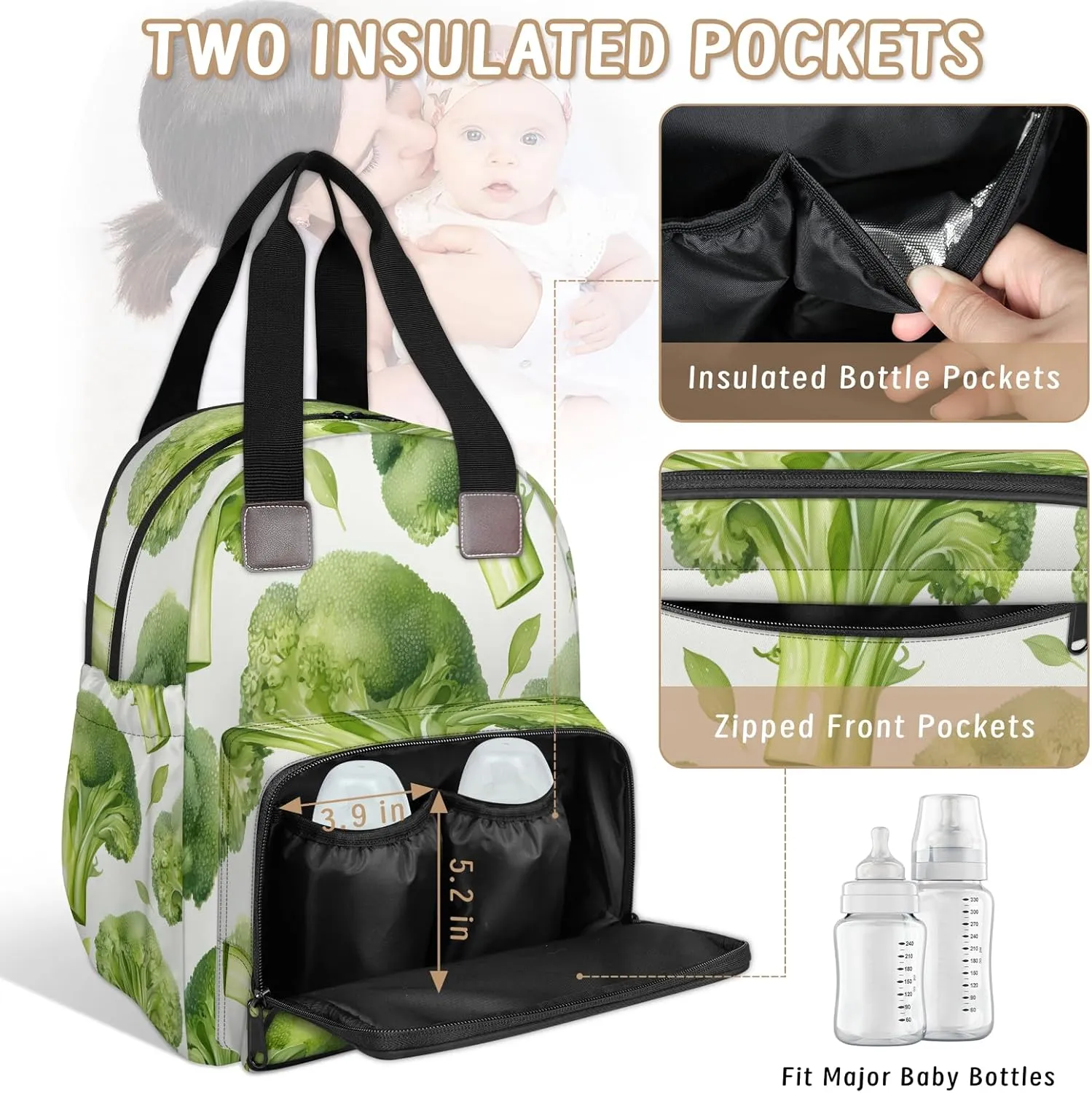 Diaper Bag Backpack Large Capacity, Vegetable Broccoli Food Nappy Hand Shoulder Bag Mummy Travel Nursing Bags Baby Shower Gifts, with Insulated Pockets and USB Charging Port